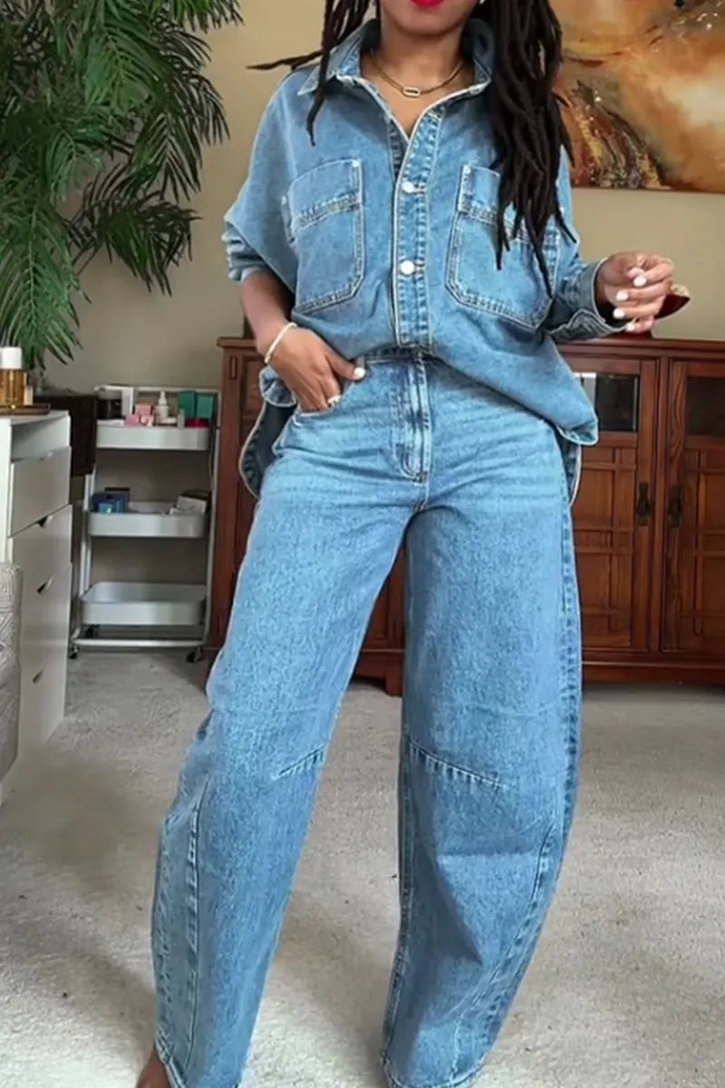 Women's Casual Loose Fit Denim Jacket Or Casual Wide Leg Jeans