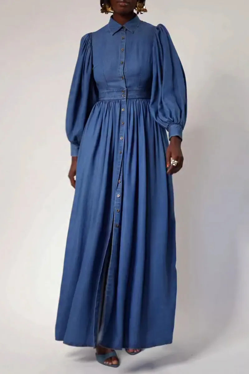 Women's Fashion Puff Sleeve Backless Single-Breasted Button Denim Maxi Dress