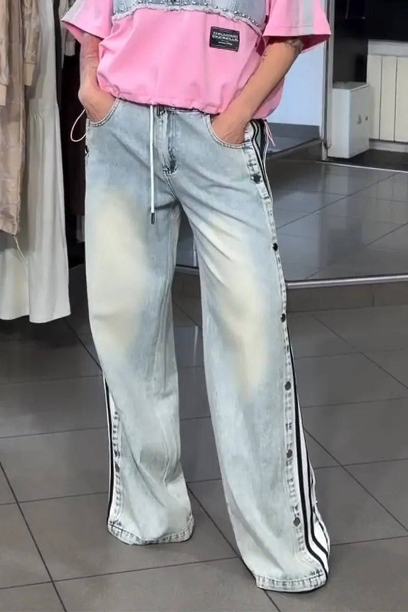 Women Round Neck Spliced Denim Top or Washed Denim Jeans