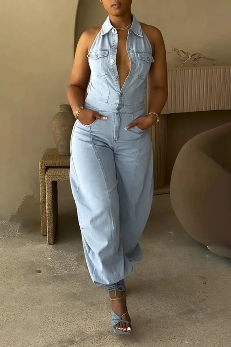 Hot Selling Women's Casual Collar Hollow Denim Jumpsuit