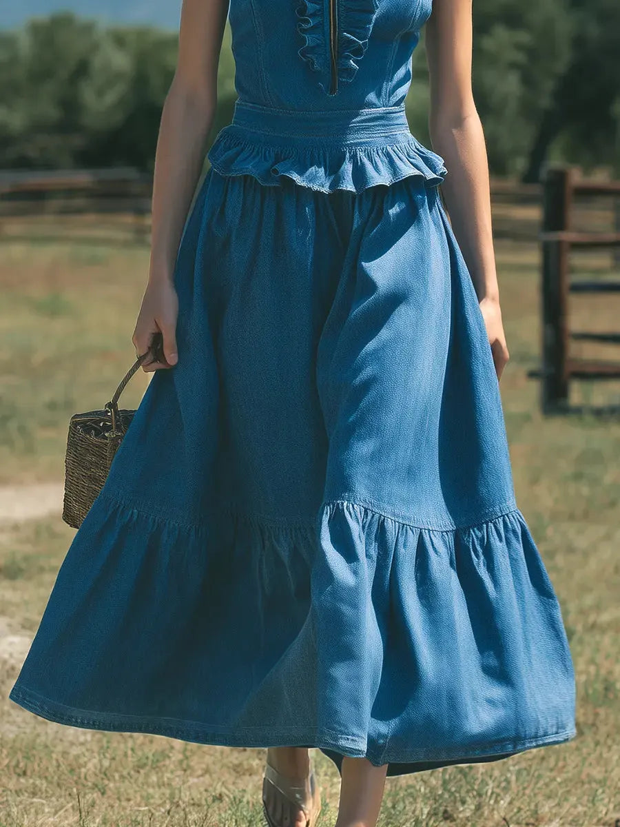 Women's Retro Elegant Stylish Zip High-Neck Sleeveless Ruffled Denim Dress