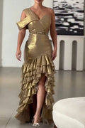 Women's Elegant One-Shoulder Sleeve Metallic Tiered Ruffle Hem Gown Dress
