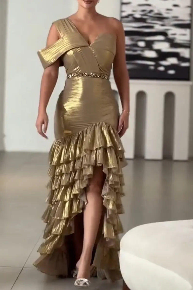 Women's Elegant One-Shoulder Sleeve Metallic Tiered Ruffle Hem Gown Dress