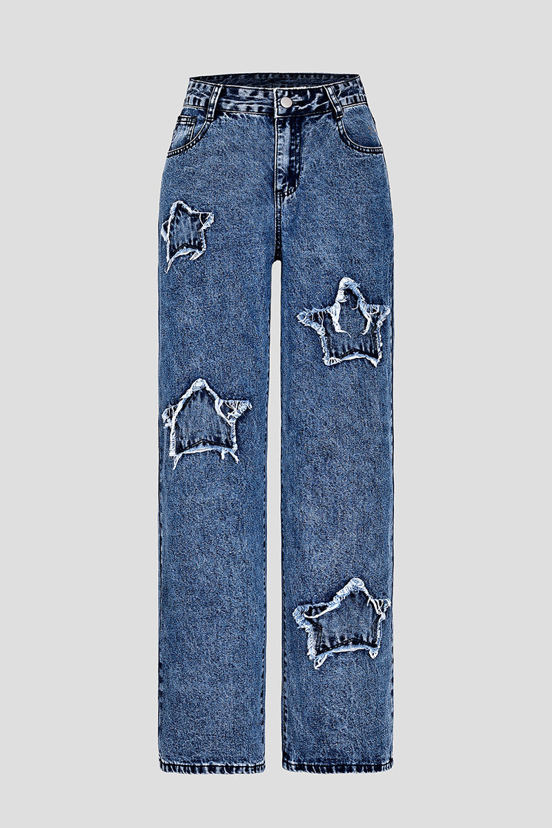 Casual Star Fringe Straight Leg Washed Jeans