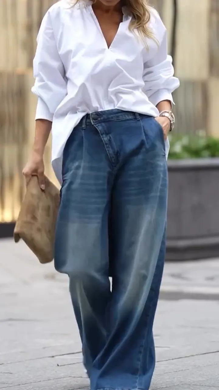 Women V-neck Shirt + Washed Jeans Casual Set