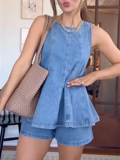 Women's Summer Sleeveless Patchwork Denim Casual Suit