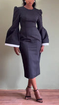 Women Round Neck Waist Cinched Flared Sleeve Design Elegant Temperament Dress