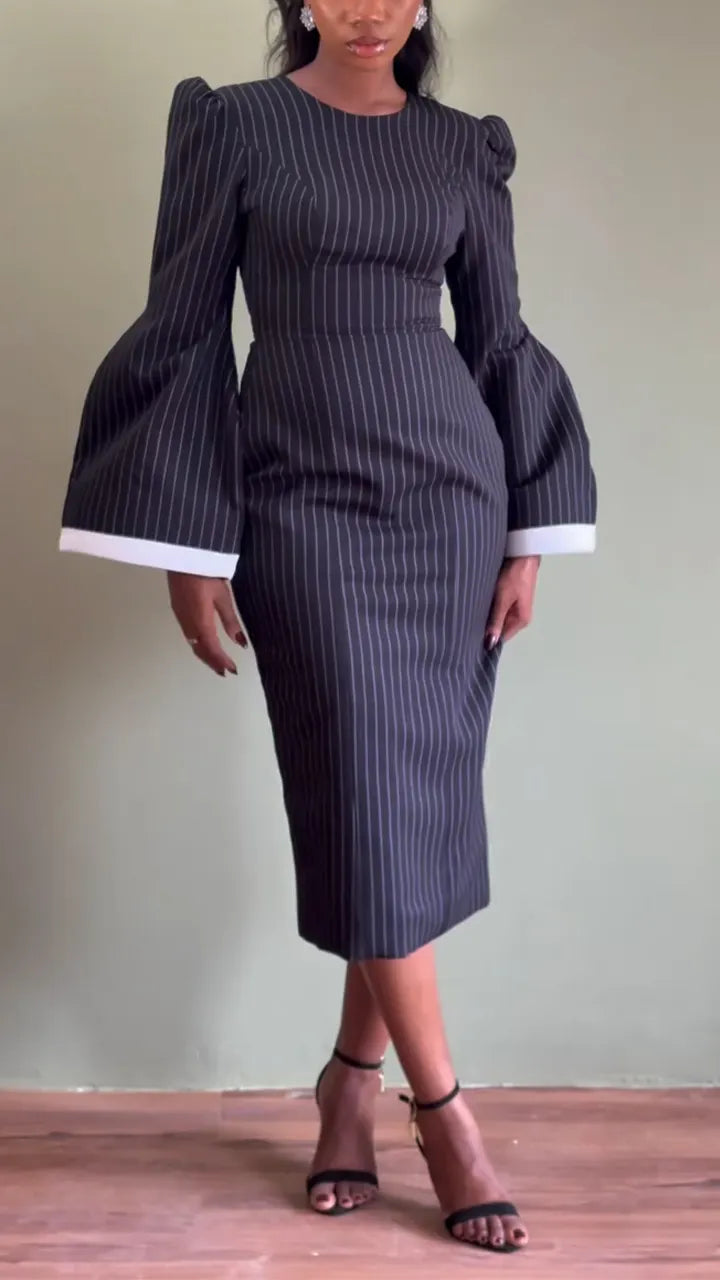 Women Round Neck Waist Cinched Flared Sleeve Design Elegant Temperament Dress