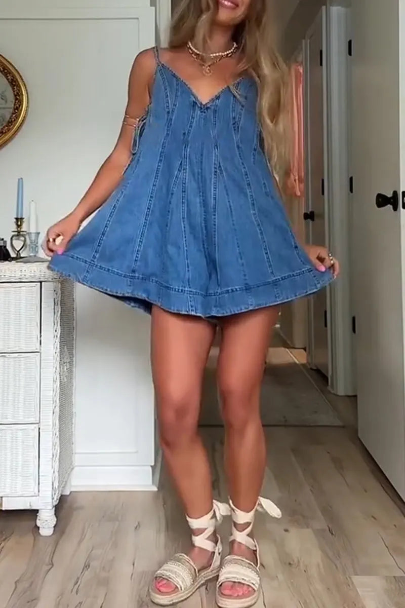 Women's Casual Side Tie Wide Leg Denim Jumpsuit