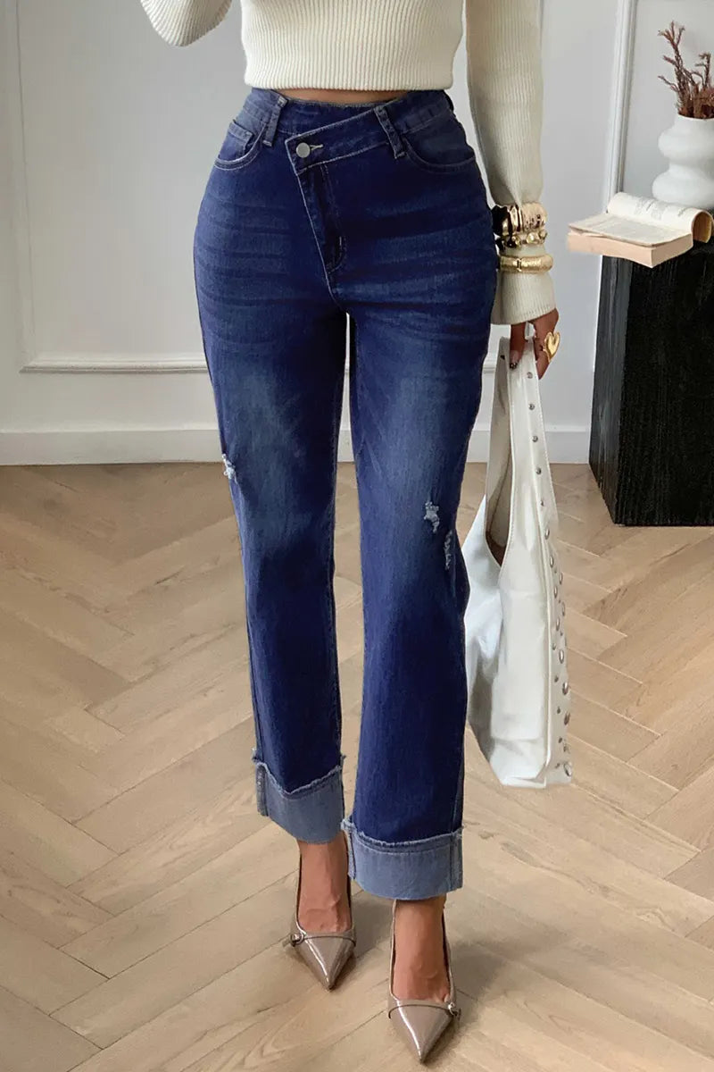 Women's Asymmetric Waistband Wash Straight Jeans