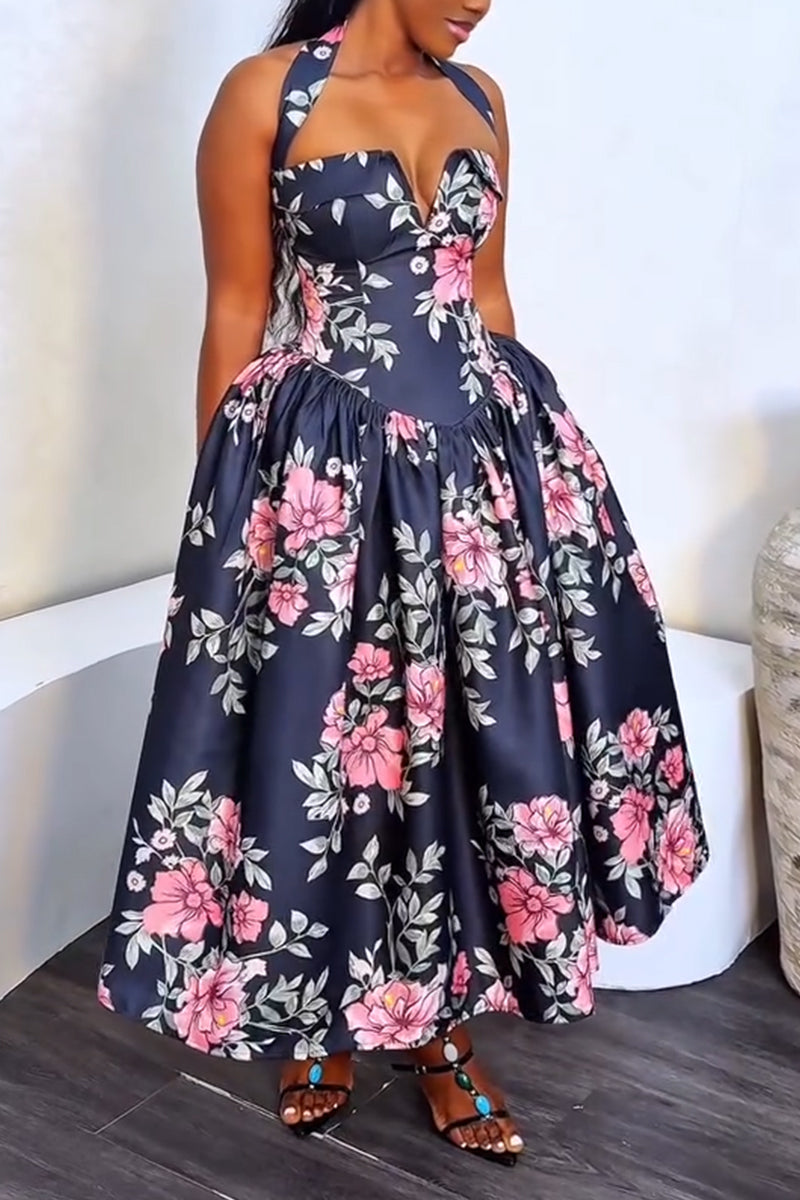 Women's Neck and Waist Cinching Print Elegant Temperament Dress
