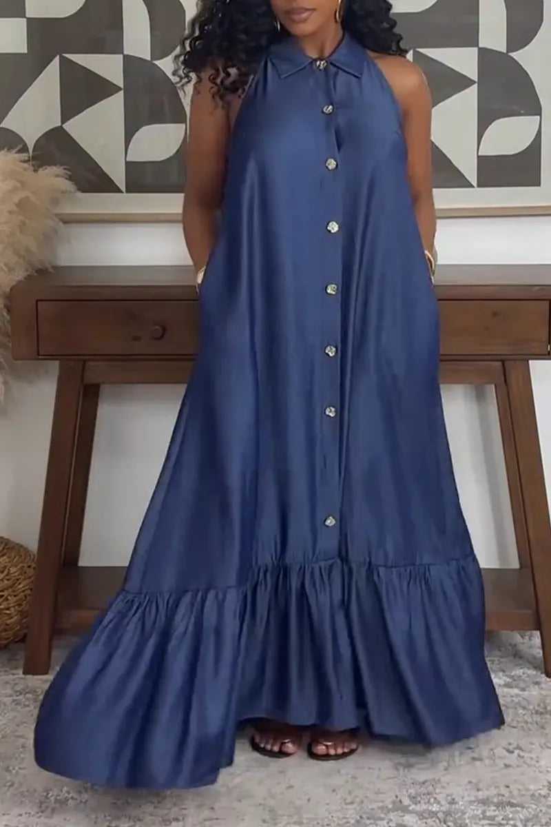 Women's Casual Single Breasted Flounce Hem Denim Dress
