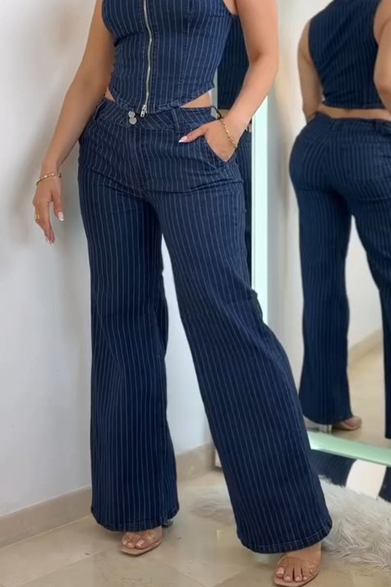 Women's Casual Stripe Zipper Vest or Wide Leg Jeans