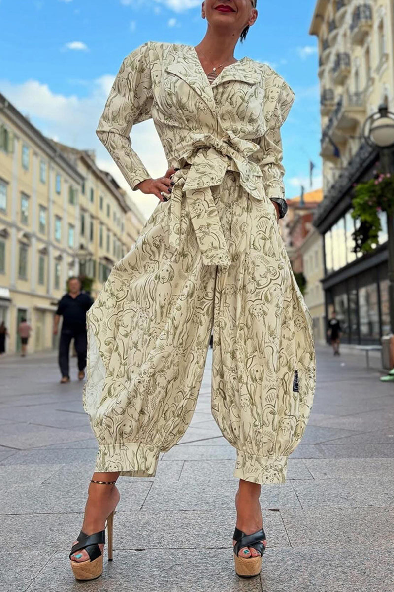 Women's Fashion Pattern Print Leg of Mutton Sleeve Jacket or Loose Pants