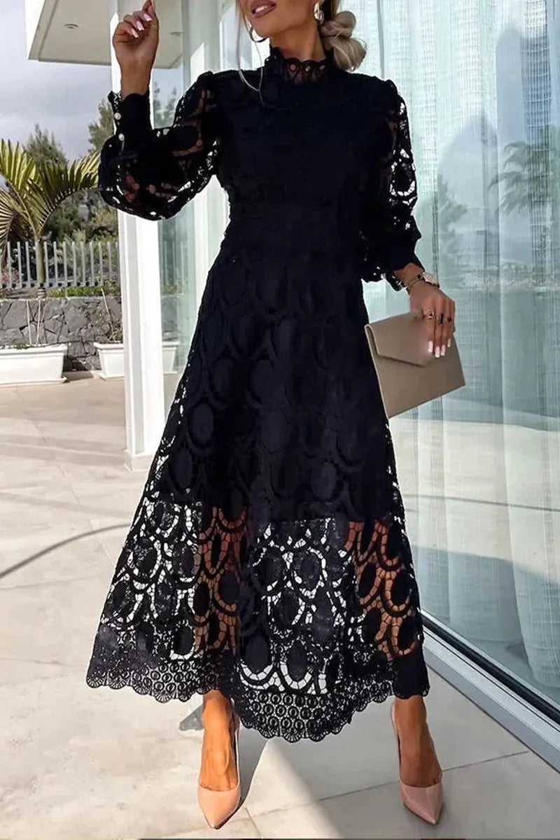 Women's Round Neck Waist Cinching Pattern Hollow Out Solid Color Elegant Temperament Dress