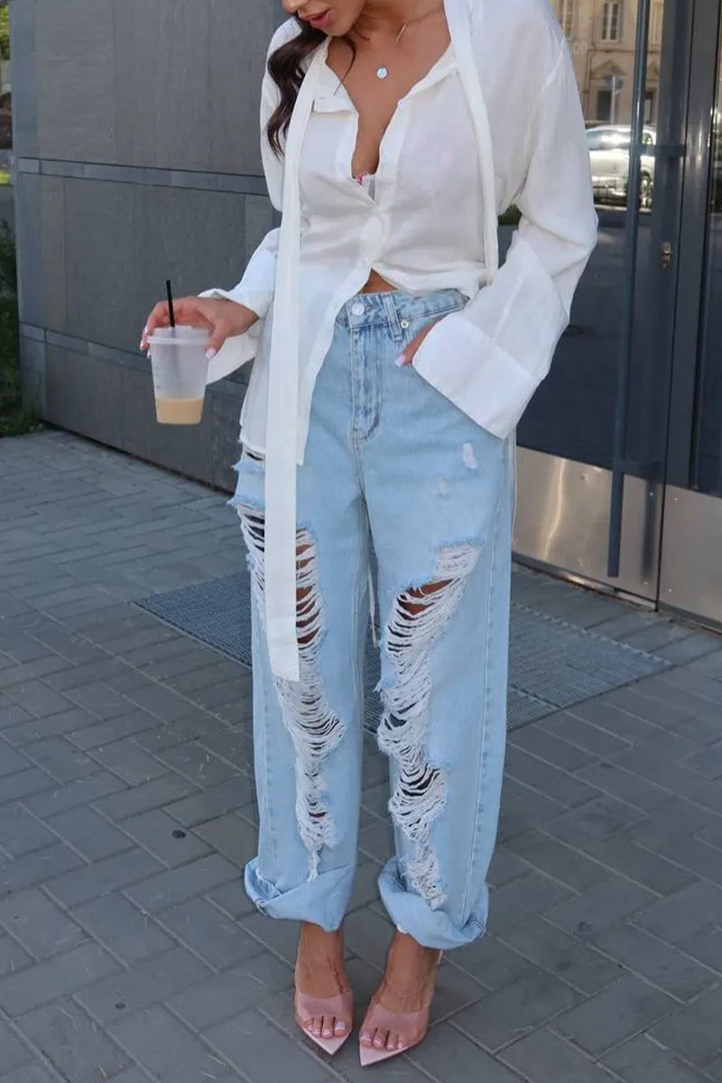 Women Light Wash High Waist Heavy Distressed Ripped Baggy Jeans