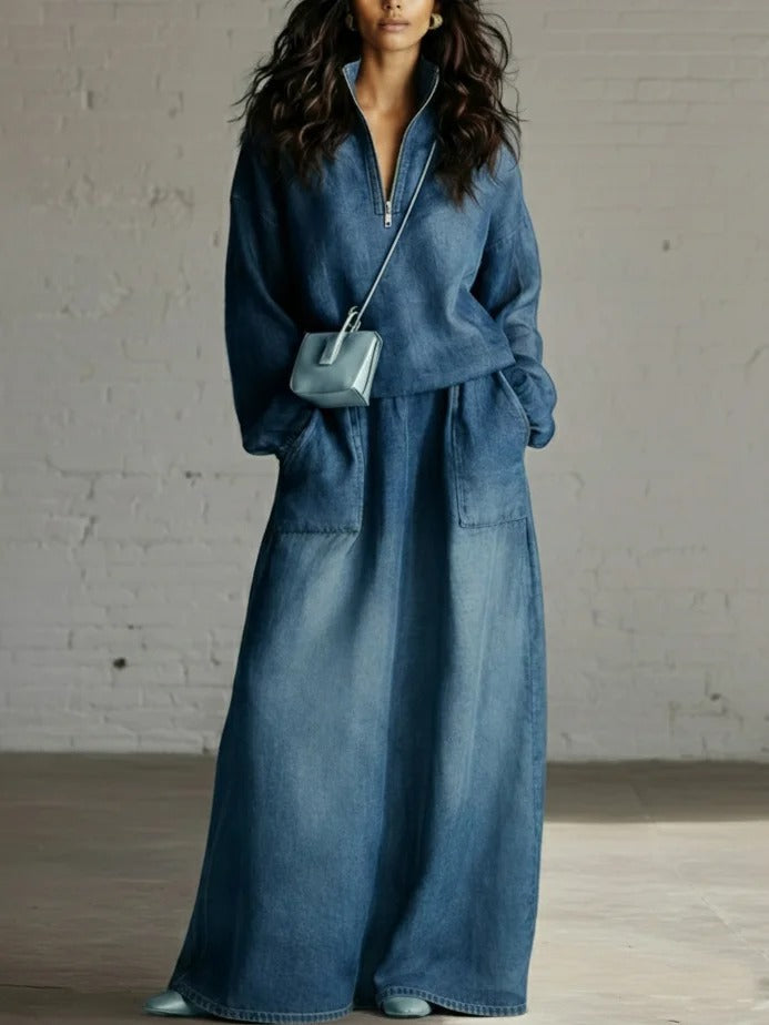 Casual Denim Stand-collar Zip-up Top And Skirt Two-piece Set